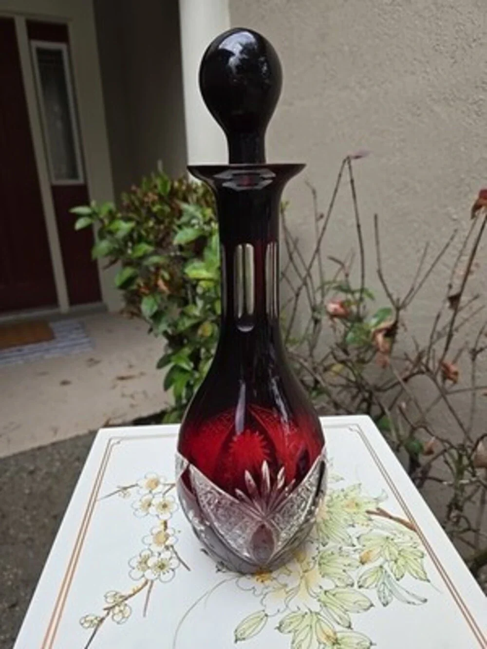 Decanter Red Ruby Bohemian Cut to Clear Glass With Stopper RARE Vintage